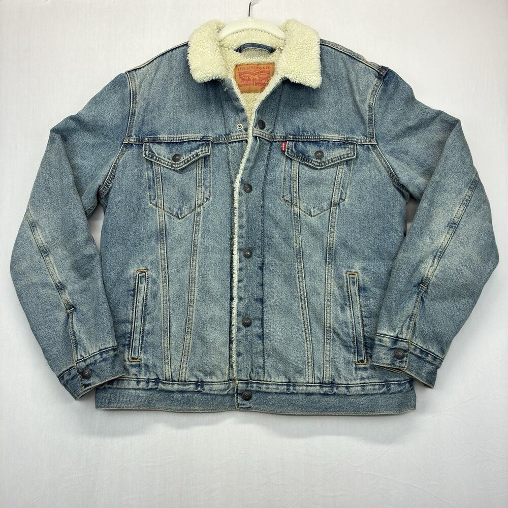 Levis Sherpa Trucker Jacket Mens L Denim Type III Faux Fur Lined Blue